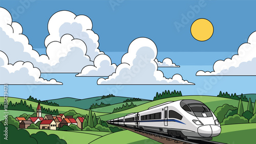 Flat illustration of a train passing through European countryside hills and villages. Perfect for travel, transport, and scenic concepts