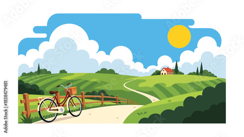Flat illustration of a country road with a leaning bicycle, hills, and fence. Ideal for slow travel, cycling, and scenic Europe themes