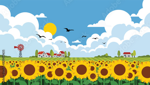 Flat illustration of a sunflower field with windmill and flying birds. Perfect for nature, travel, and countryside themes