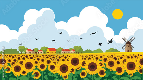 Flat illustration of a sunflower field with windmill and flying birds. Perfect for nature, travel, and countryside themes