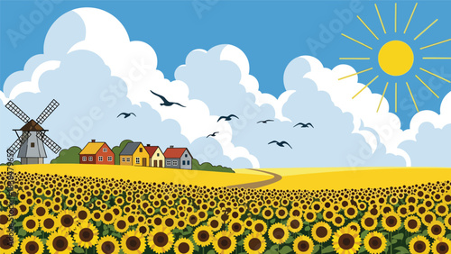 Flat illustration of a sunflower field with windmill and flying birds. Perfect for nature, travel, and countryside themes