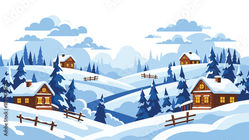 Flat illustration of a snowy countryside village with pine trees and warm house lights. Perfect for winter, Christmas, and cozy travel themes