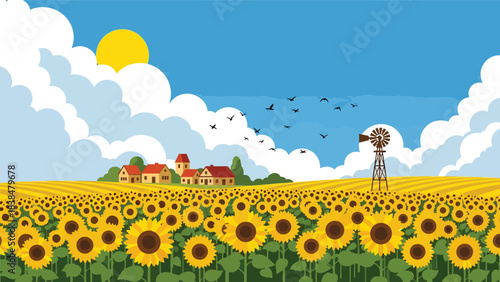 Flat illustration of a sunflower field with windmill and flying birds. Perfect for nature, travel, and countryside themes