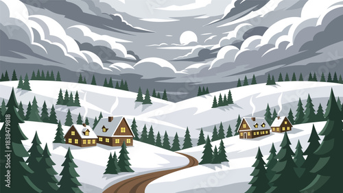 Flat illustration of a snowy countryside village with pine trees and warm house lights. Perfect for winter, Christmas, and cozy travel themes