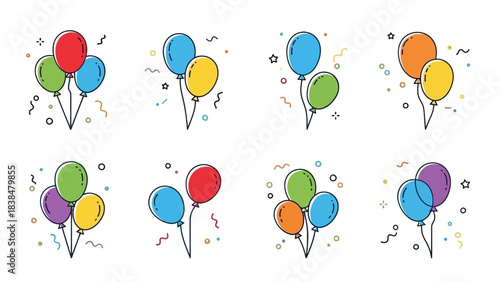 A collection of eight colorful balloon clusters, each with a unique combination of red, green, blue, yellow, orange, and purple balloons, set against a white background with confetti and streamers.