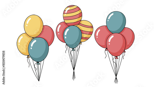 Three bunches of colorful balloons, including yellow, red, and teal, with one bunch featuring striped balloons.