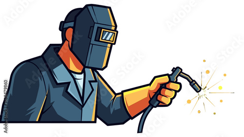 A detailed illustration of a welder performing welding work with sparks flying.