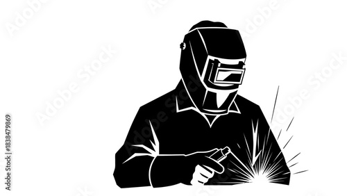 Silhouette of a welder wearing a protective helmet and gloves, sparks flying from their work.