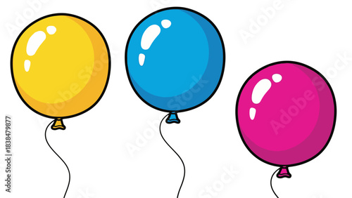 Three colorful cartoon balloons, yellow, blue, and pink, floating with strings.