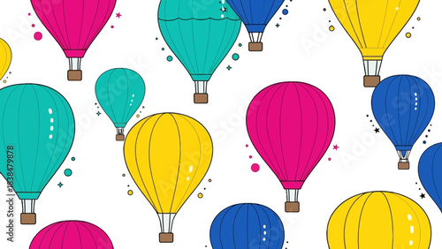 A vibrant pattern of colorful hot air balloons floating against a clean white background, featuring pink, yellow, blue, and teal balloons in a playful illustration style.