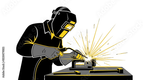 A welder wearing protective gear and a helmet is skillfully joining two metal pieces with a welding torch, creating a bright shower of sparks.