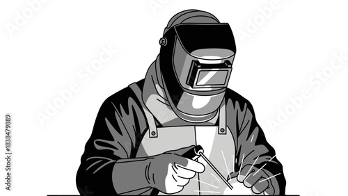 A welder wearing protective gear, including a helmet and apron, is actively engaged in the process of welding metal pieces together.