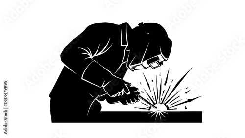 A silhouette illustration of a welder working, with sparks flying from the welding point, depicting industrial work.