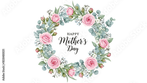 A beautiful floral wreath with pink roses and eucalyptus leaves celebrating Mother's Day.