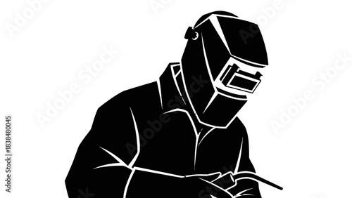 Black and white silhouette of a welder wearing a protective helmet and holding a torch, ready to work.