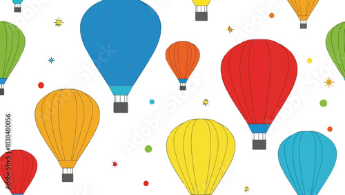 A vibrant and colorful illustration of hot air balloons floating in a white sky with scattered confetti.