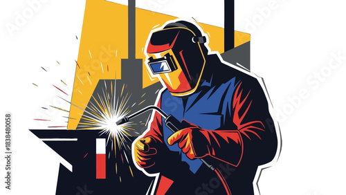 A welder wearing protective gear and a helmet is actively welding metal with sparks flying.