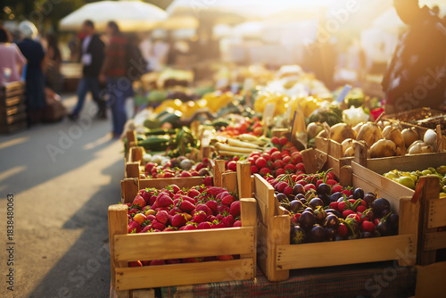 Vibrant market scene showcasing fresh fruits and vegetables in wooden crates, with sunlight illuminating the colorful produce and shoppers exploring the lively atmosphere of a local farmers market