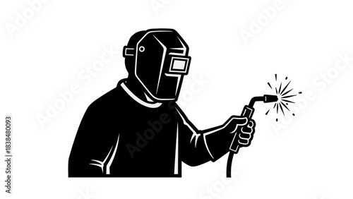 A black and white illustration of a welder wearing a protective mask and holding a welding torch with sparks flying.