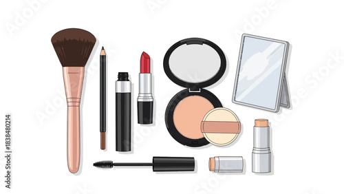 Collection of cosmetic products including brushes, lipsticks, mascara, compact powder, and mirror for makeup application