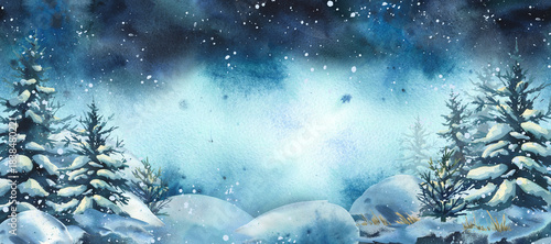 Watercolor winter landscape with snowy fir tree forest and falling snow. Christmas season background for holiday greeting card and banner design. Hand drawn illustration text frame template