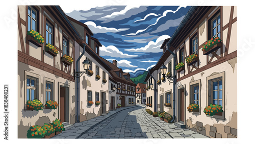 Flat illustration of a European old countryside street with lanterns, cobblestone, and flowers. Ideal for travel and culture themes