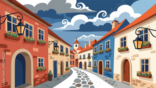Flat illustration of a European old countryside street with lanterns, cobblestone, and flowers. Ideal for travel and culture themes