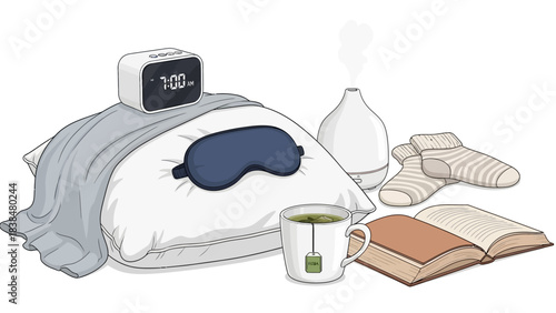 Cozy evening self-care routine illustration featuring comforting items for relaxation and better sleep, including tea, a book, and a pillow