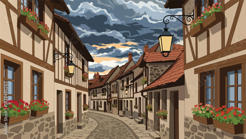 Flat illustration of a European old countryside street with lanterns, cobblestone, and flowers. Ideal for travel and culture themes