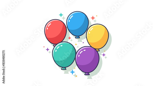 A vibrant cluster of five colorful balloons arranged in a circular pattern, with sparkling confetti scattered around them.