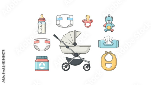 Collection of baby care items including a stroller, diapers, bottle, bib, tissues, and a stuffed toy