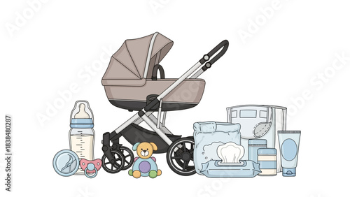 A complete collection of baby care essentials, from mobility to daily hygiene, showcasing items for newborns and infants in a clean vector illustration style