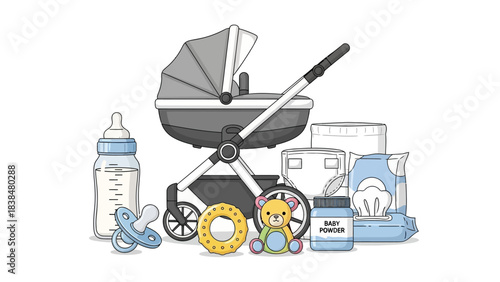 Baby care essentials including a stroller, feeding bottle, pacifier, and toy, alongside diapers and wipes for infant hygiene and comfort