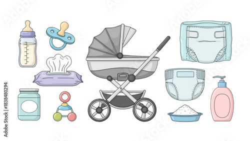 Baby Care Essentials A Collection of Stroller, Diapers, Bottle, Wipes, and Nursery Items for Newborns