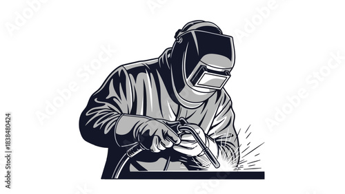 A welder wearing protective gear and a helmet is actively welding metal, creating sparks.