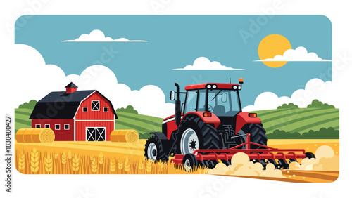 Flat illustration of a wheat field with tractor, barn, and hay rolls. Ideal for agriculture, countryside work, and rural lifestyle themes
