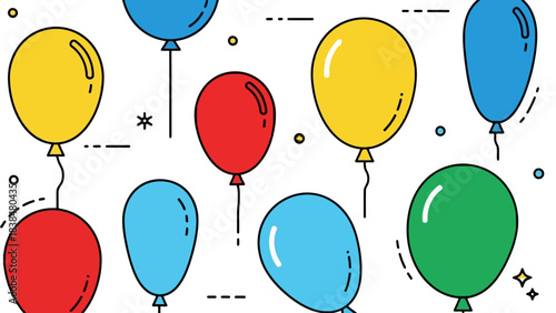 A collection of colorful balloons in various shapes and sizes, floating against a white background with decorative elements.