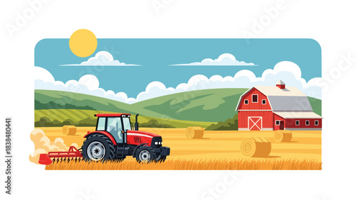 Flat illustration of a wheat field with tractor, barn, and hay rolls. Ideal for agriculture, countryside work, and rural lifestyle themes
