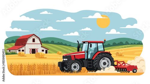 Flat illustration of a wheat field with tractor, barn, and hay rolls. Ideal for agriculture, countryside work, and rural lifestyle themes