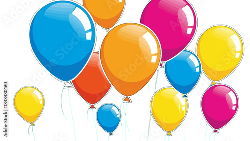 A vibrant collection of colorful party balloons floating against a clean white background, perfect for celebrations.