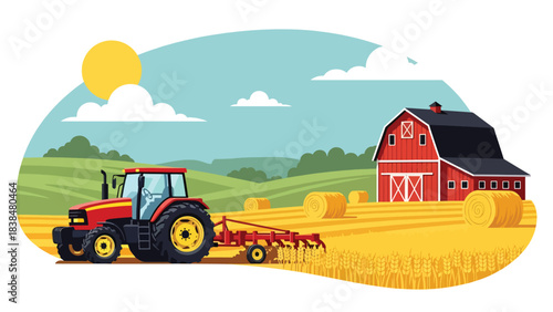Flat illustration of a wheat field with tractor, barn, and hay rolls. Ideal for agriculture, countryside work, and rural lifestyle themes