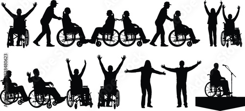 Silhouette collection of people in wheelchairs with helpers, celebrating, moving, and performing, disability inclusion and mobility support illustration