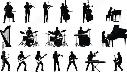 Silhouette collection of musicians playing various instruments including drums, piano, guitar, violin, trumpet, harp and saxophone for design use