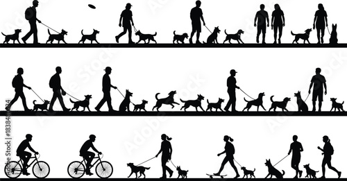 Silhouette collection of people walking dogs, running, biking, and playing with pets, active outdoor lifestyle scenes for design use