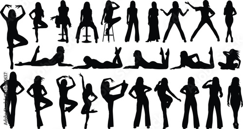 Silhouette collection of women posing in standing, sitting, and lying positions, fashionable female figure set for creative design use