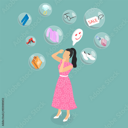 3D Isometric Flat Vector Illustration of Shopaholic, Compulsive Female Shopper Purchasing Trendy Fast Fashion Items