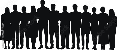 Silhouette group of diverse people standing together in a row, representing community, unity, teamwork, and social connection illustration