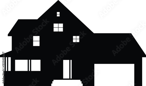 Silhouette of residential house with windows, porch, and roofline, classic home architecture illustration for real estate and design projects