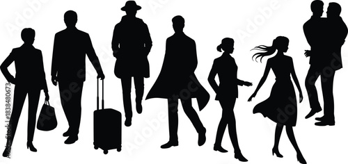 Silhouette group of men and women walking, traveling, and interacting, modern lifestyle figures for business, fashion, and design themes