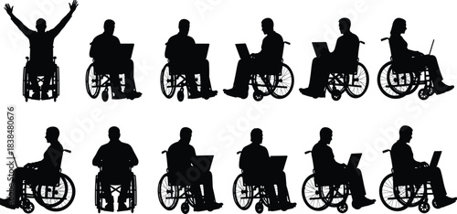 Silhouette people in wheelchairs using laptops, inclusive technology workspace illustrating remote work, accessibility, independence, productivity and digital connection